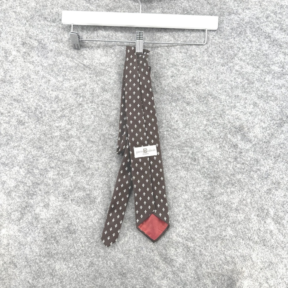 Pierre Balmain Necktie Mens 53" L Classic Brown Fleur-de-lis Paris Designer Tie